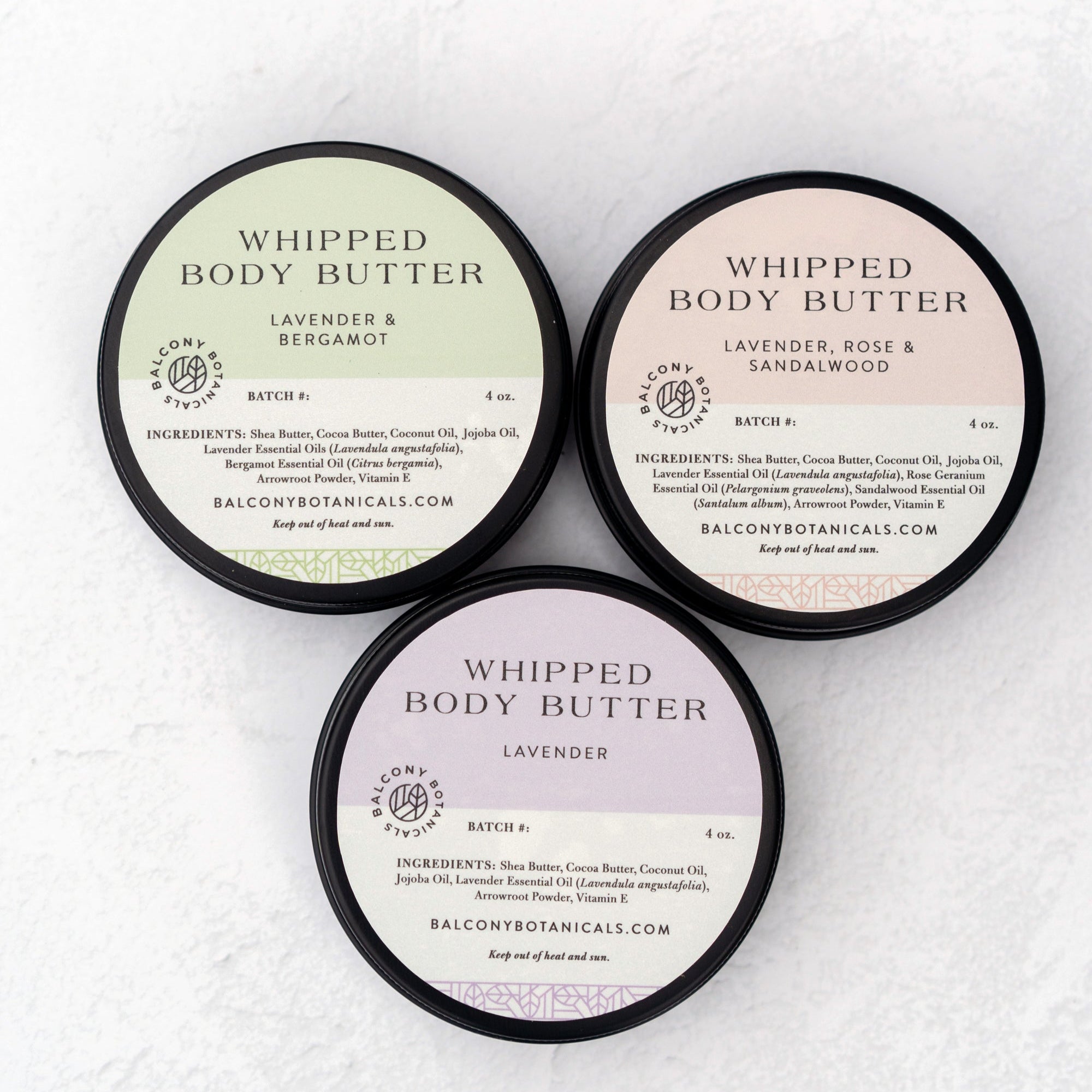 All three scents of Whipped Body Butter - Lavender, Lavender & Bergamot and Lavender, Rose and Sandalwood all in black tins