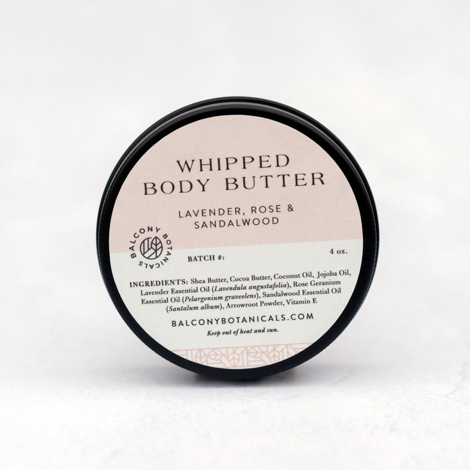 Lavender, Rose & Sandalwood Whipped body butter container in aluminum tin.