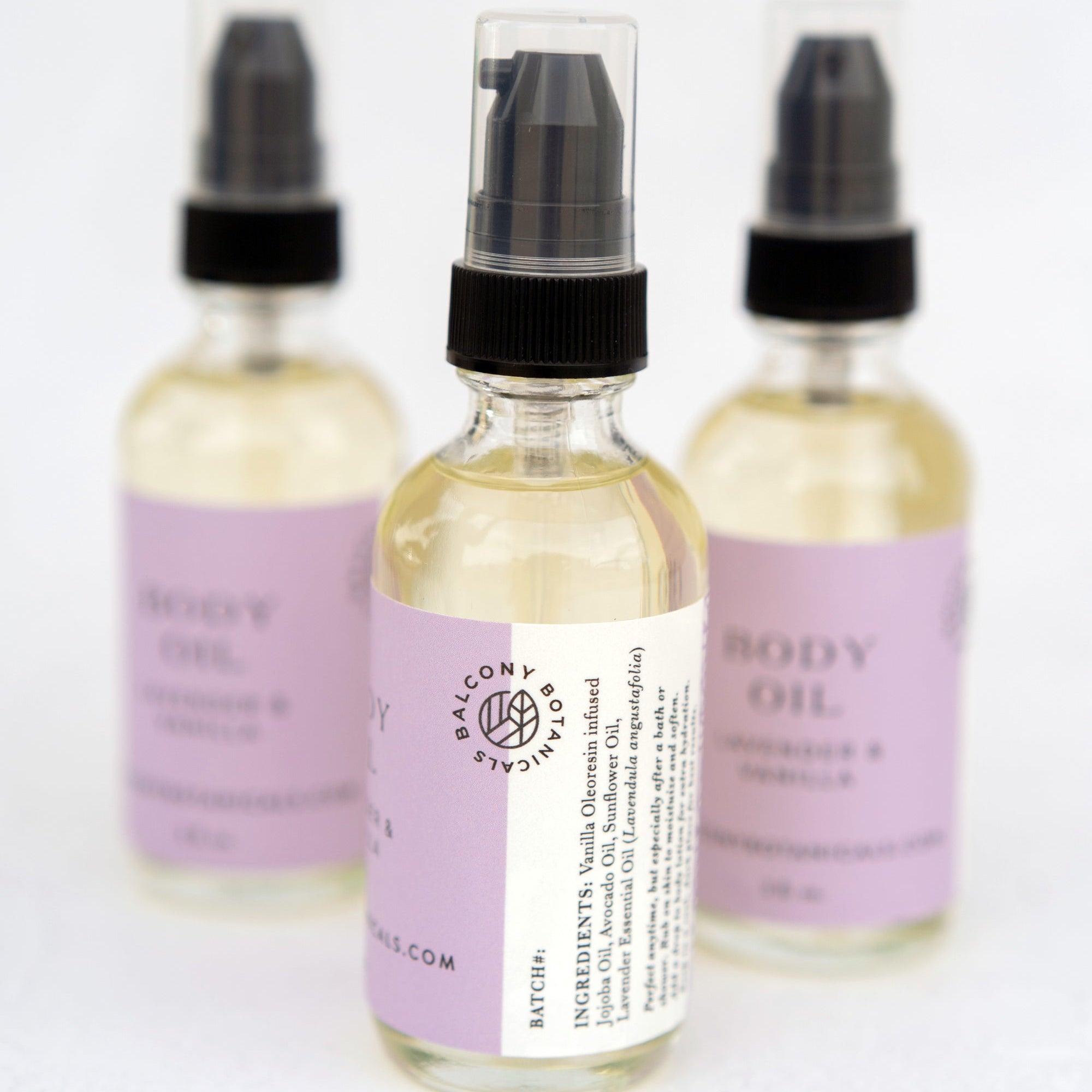 Lavender & Vanilla Body Oil glass bottle two oz.