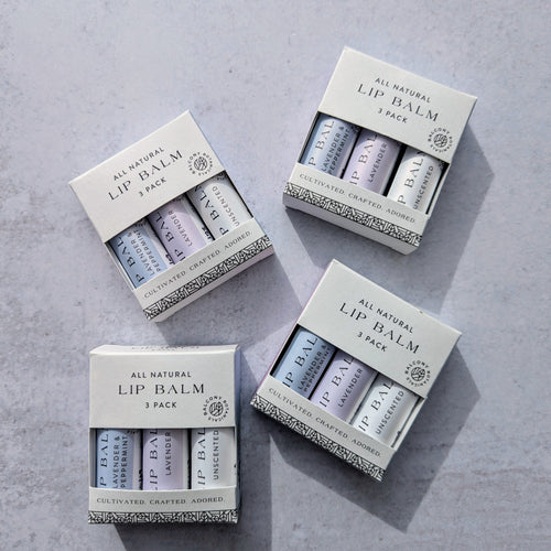 Balcony Botanicals lip balm trio in compostable tubes with branded label